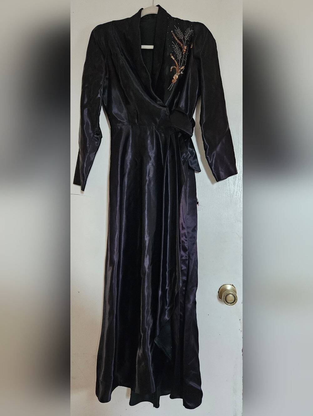 Vintage Black Satin Beaded Floor Length Wrap Robe Dressing Gown
